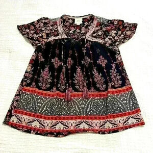 Knox Rose Womens Short Flutter Sleeve Lace Up Neck Top Mixed Print Boho Size S‎